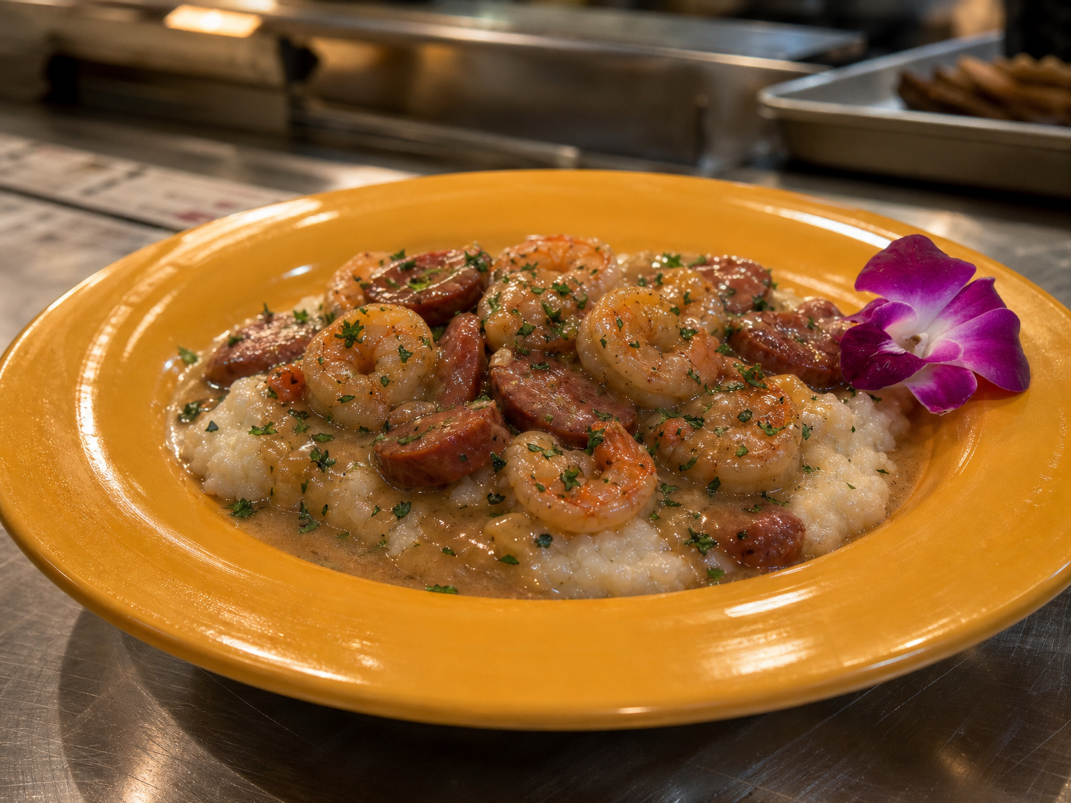 Polowana shrimp and grits dish