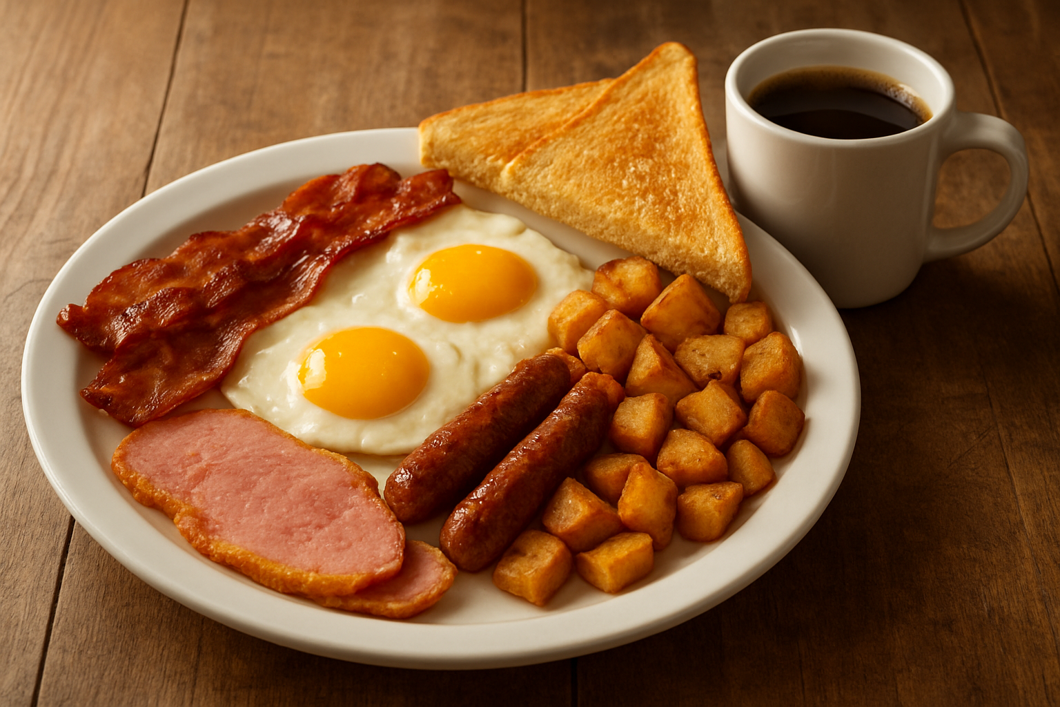 All-Day Breakfast — eggs, peameal, pancakes, skillets