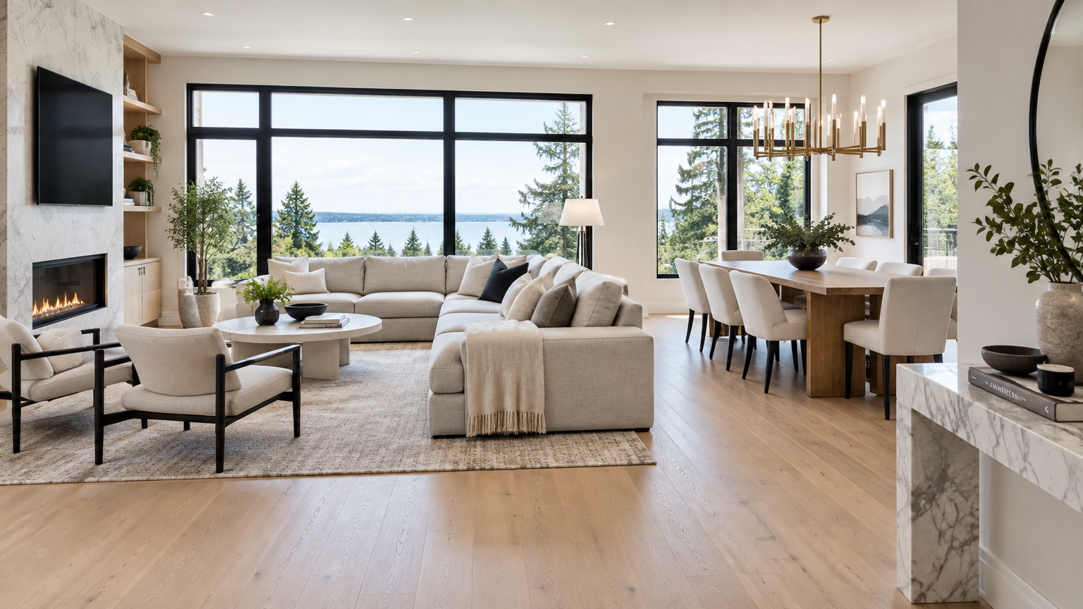 Bright, renovated open-concept living and dining room with white oak flooring and a modern chandelier
