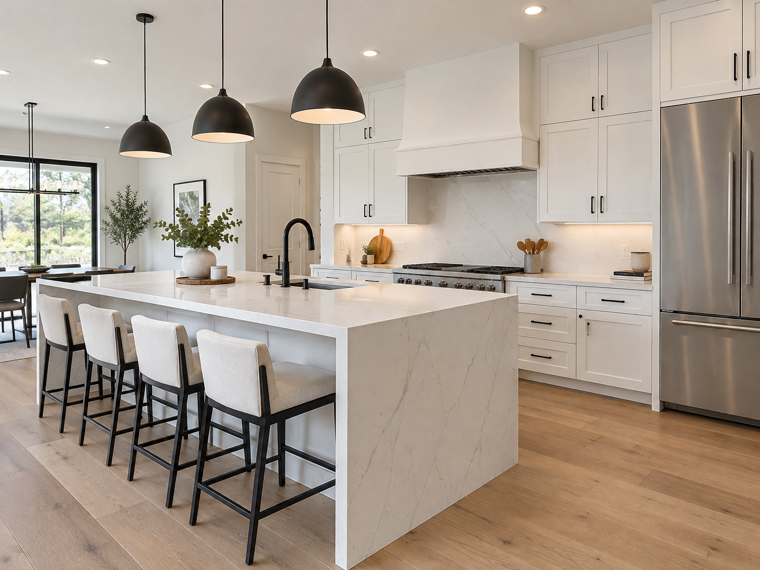 Renovated kitchen with white shaker cabinets, waterfall quartz island and matte black fixtures