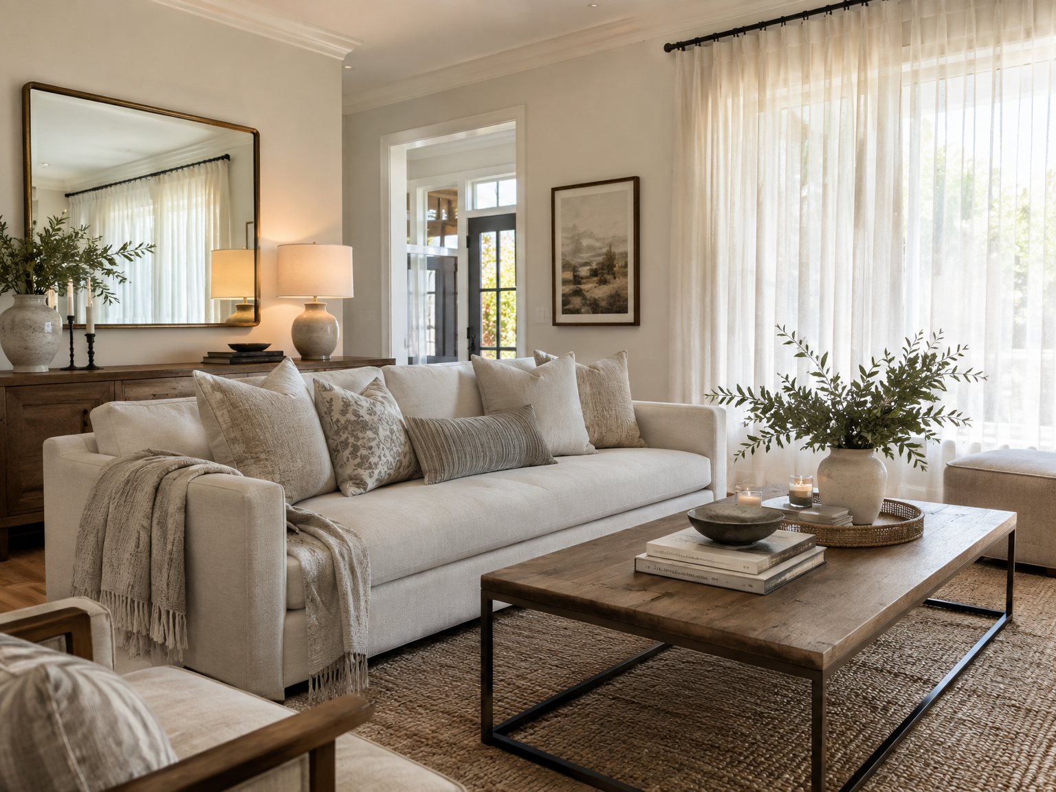 Beautifully staged living room with a neutral linen sofa and curated styling