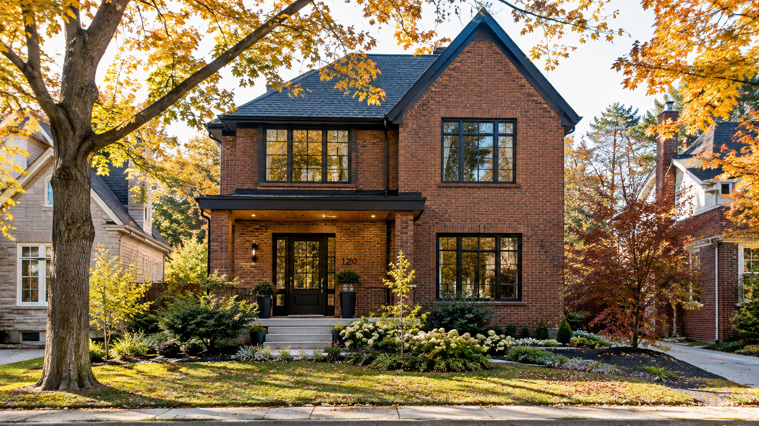 Renovated brick home on a tree-lined Oakville street in autumn