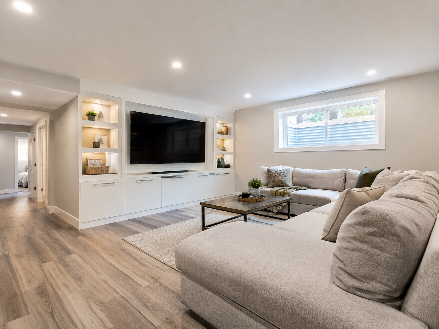 Finished basement family room with media wall