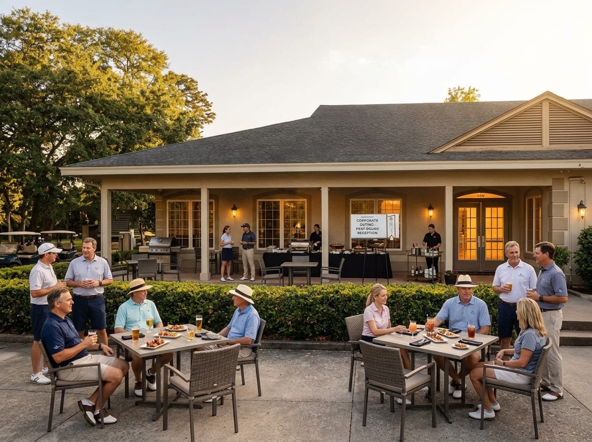 Post-corporate golf outing guests gathering with drinks on the back porch of the Bluffton Golf Club clubhouse.