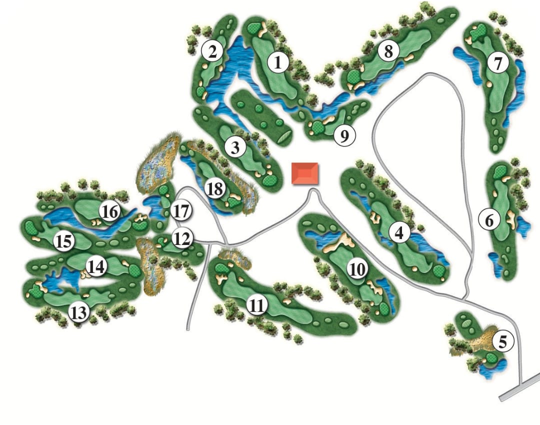 Bluffton Golf Club course map showing the routing of holes 1 through 18.