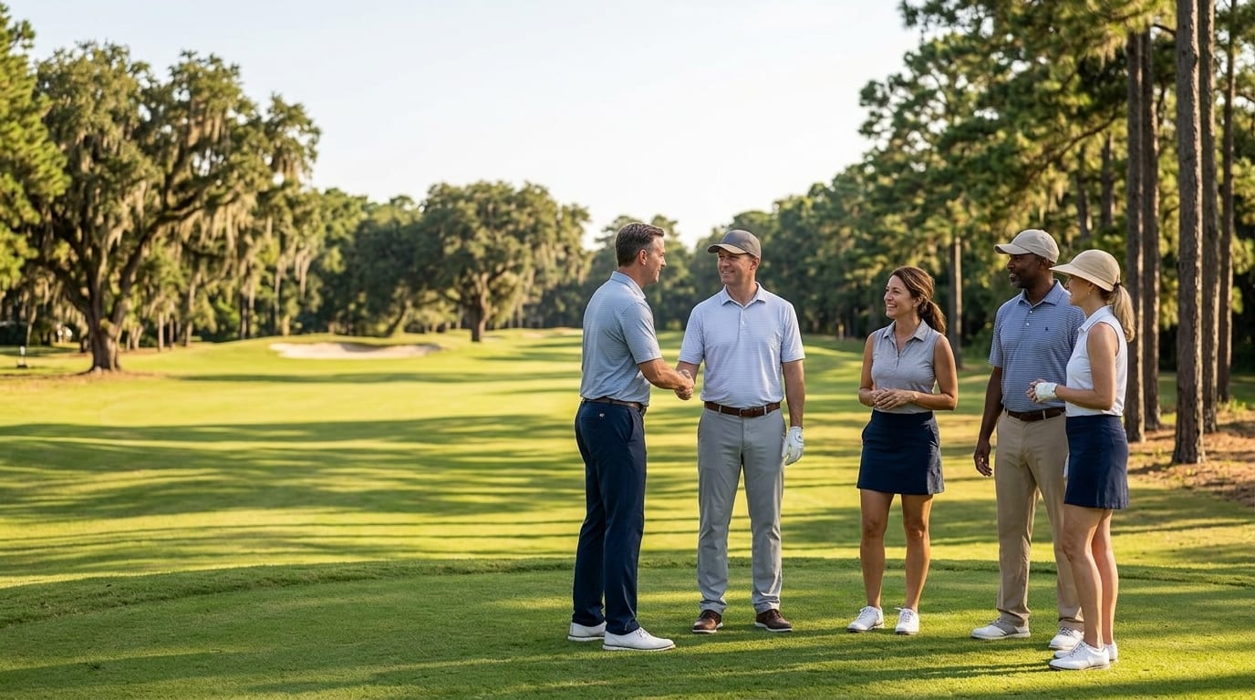 A realistic private golf outing at Bluffton Golf Club with golfers gathered on the course