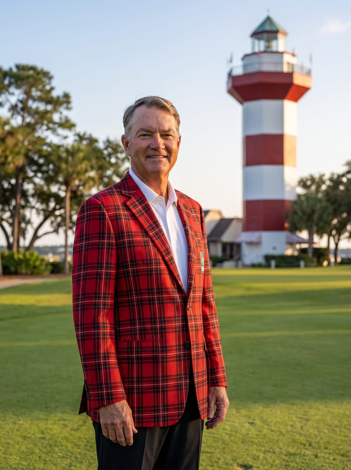 Davis Love III wearing the red-and-black RBC Heritage plaid jacket on a golf course with the Harbour Town Lighthouse behind him