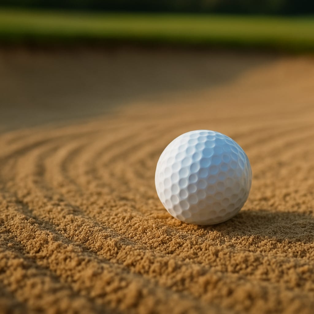 Golf ball resting in a sand bunker for golf instruction in Bluffton, South Carolina