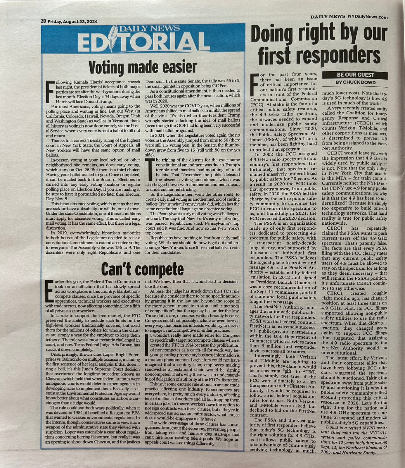 Scan of Chuck Dowd's op-ed 'Doing Right By Our First Responders' as printed in the New York Daily News, Friday, August 23, 2024