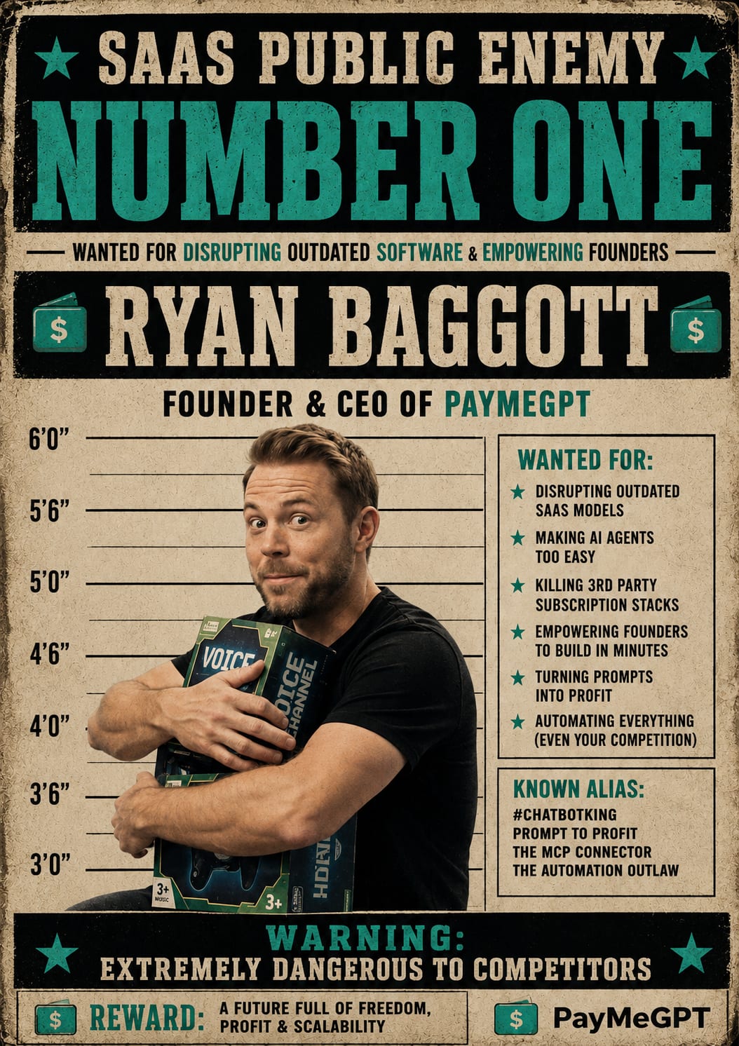 Wanted poster: SaaS Public Enemy Number One, Ryan Baggott, Founder and CEO of PayMeGPT