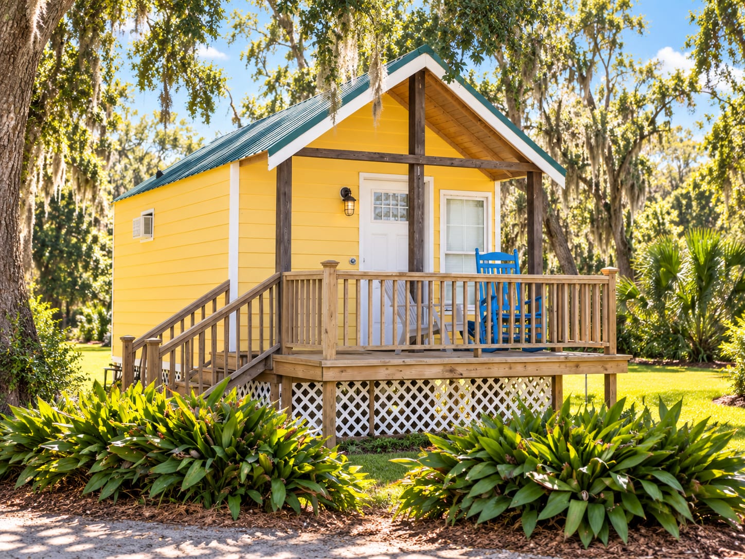 The Yellow Seaside Shack, a bright yellow cabin with a deck overlooking the marina on Daufuskie Island